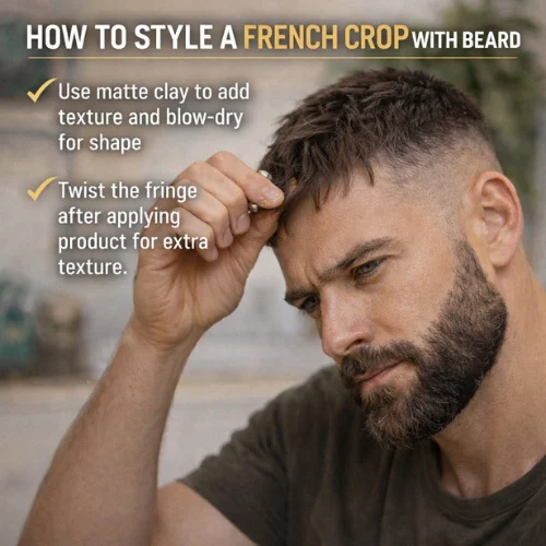how to style French crop with beard hairstyle for men using matte clay textured crop haircut