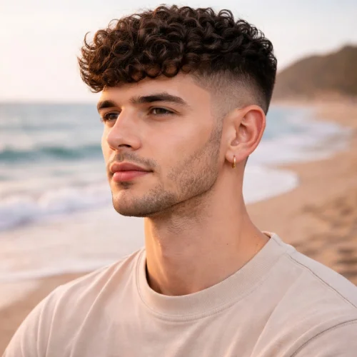 curly french crop with taper fade haircut for men soft fade natural curls classic hairstyle
