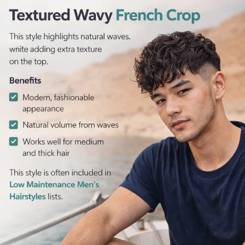 textured wavy french crop haircut for men natural waves modern stylish hairstyle
