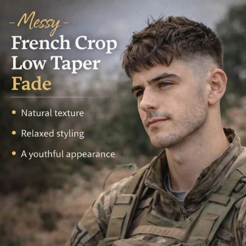 American soldier with messy French crop low taper fade hairstyle