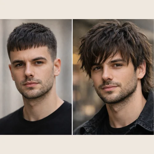 french crop vs shaggy haircut comparison for men showing short clean crop and messy layered shaggy hairstyle side by side
