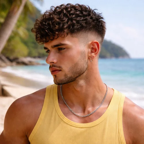Muscular young man with curly messy French crop low taper fade hairstyle, textured top with natural curls, clean fade sides, wearing yellow shirt, standing on tropical island beach with palm trees and ocean in background, modern stylish men's haircut
