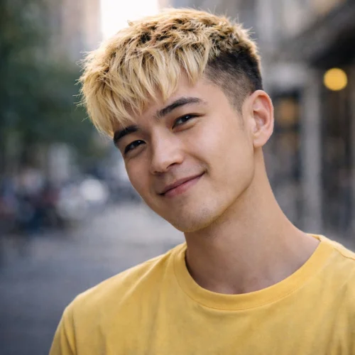 french crop blonde haircut on smiling chinese man wearing yellow shirt clean fade textured top modern mens hairstyle usa