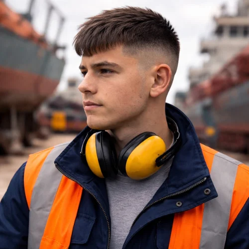 French crop long fringe buzz cut fade hairstyle on worker outdoors