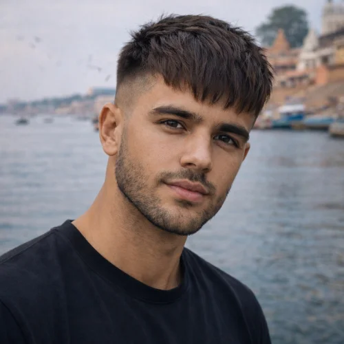 French crop haircut for straight hair with textured fringe and low fade on a man near a riverside city background