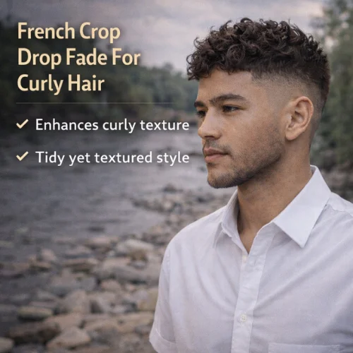 french crop drop fade for curly hair mens hairstyle with textured curls on top and clean faded sides on young boy wearing shalwar kameez at river bank
