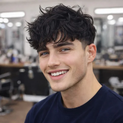 messy french crop haircut with textured fringe and low fade modern mens hairstyle in barbershop