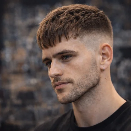 french crop textured fringe mid fade haircut modern mens hairstyle