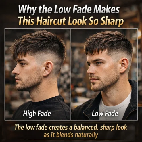 Comparison of textured French crop low fade and high fade haircut on two men