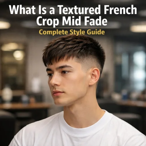 textured french crop mid fade haircut on asian man in barber shop with short textured fringe and clean faded sides