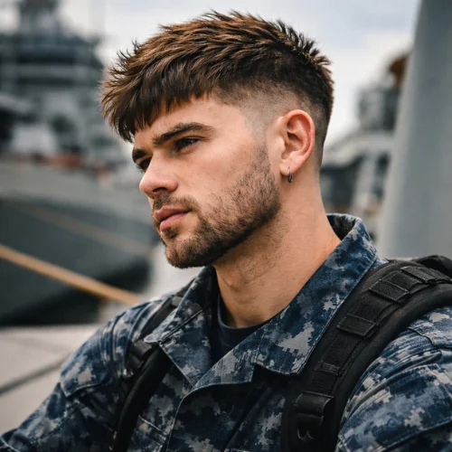 Messy French Crop Burst Fade men’s hairstyle featuring relaxed textured top and rounded burst fade on Navy soldier