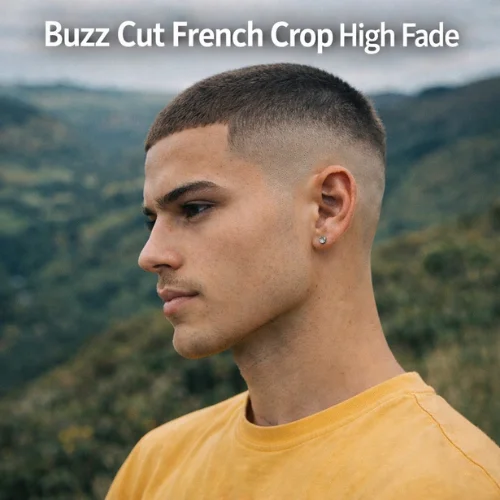 Buzz Cut High Fade haircut on young man wearing yellow shirt in hilly landscape