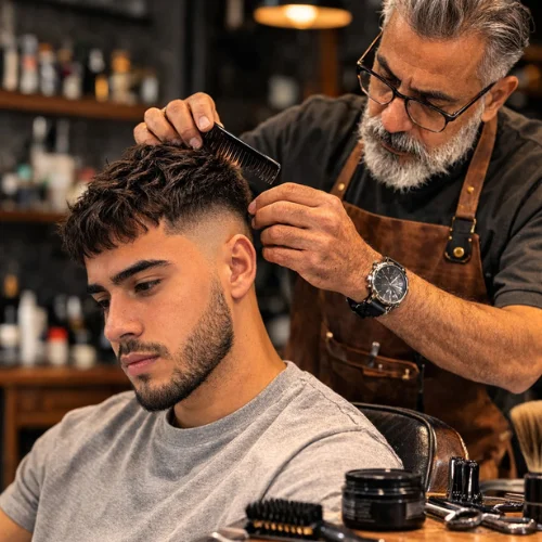 barber trimming french crop skin fade haircut with textured top clean mens fade hairstyle