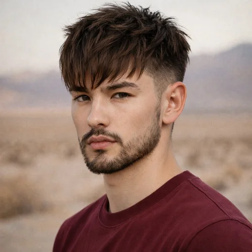 long textured French crop haircut with beard for men showing layered top and natural fringe on a Chinese man wearing a maroon shirt in a desert setting