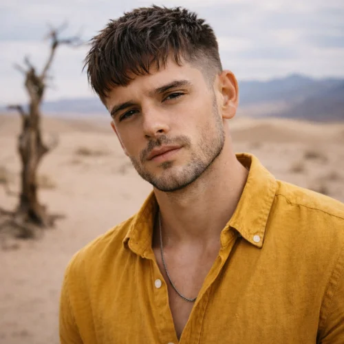 european man with short textured french crop with fringe haircut wearing yellow shirt standing in desert with dead tree