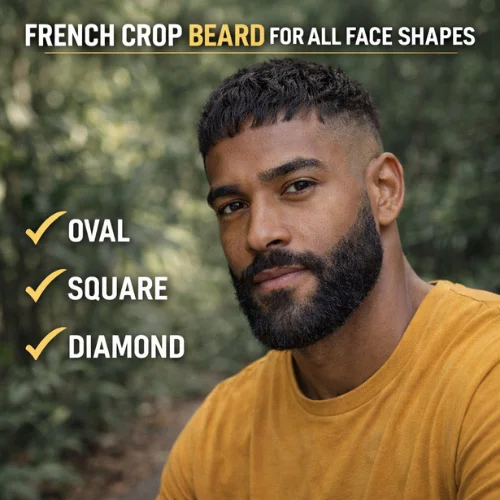 French crop with beard hairstyle for men showing textured crop haircut and beard style for different face shapes