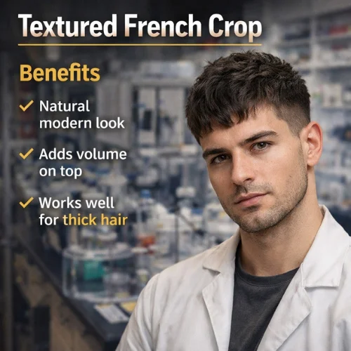 textured french crop haircut for men with oval face showing layered top volume and modern hairstyle in lab setting