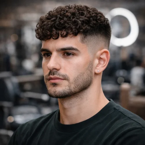 curly french crop with low fade haircut for men clean structured curly hairstyle with faded sides
