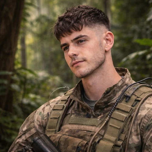 Commando man with textured French crop low taper hairstyle in jungle