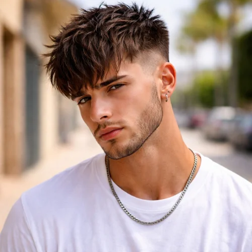 Messy textured fringe French crop low taper fade hairstyle for men, bold front fringe, clean sides, modern haircut