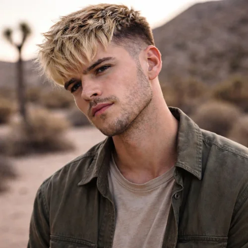 textured french crop blonde haircut with volume and messy fringe for men rugged tough look stylish hairstyle usa