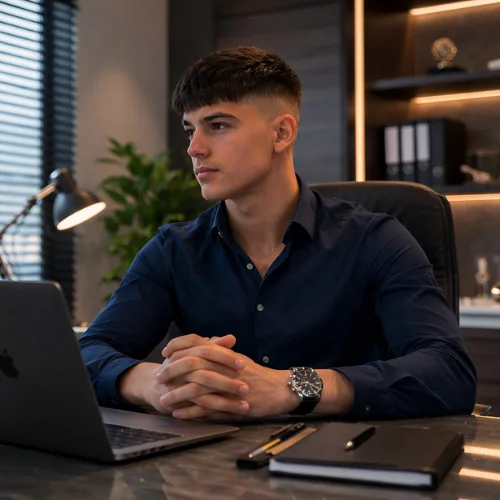 Young man with fringe buzz cut French crop hairstyle in modern office
