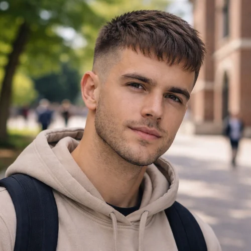 French crop haircut for straight hair with textured fringe and low fade on a young man outdoors on a city street