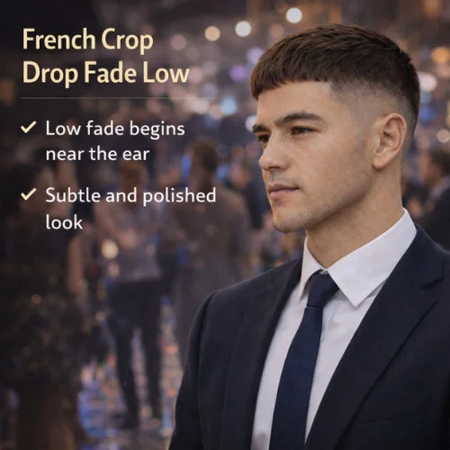 french crop drop fade low haircut for men clean subtle low fade hairstyle with short fringe on young man wearing two piece suit at party
