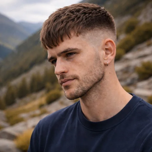 french crop textured fringe low taper fade haircut man in hilly area navy blue shirt