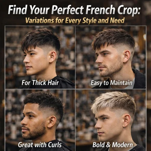 Textured French crop low fade hairstyle variations on stylish young man