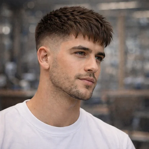 textured french crop mid fade straight hair mens haircut with layered texture and clean faded sides