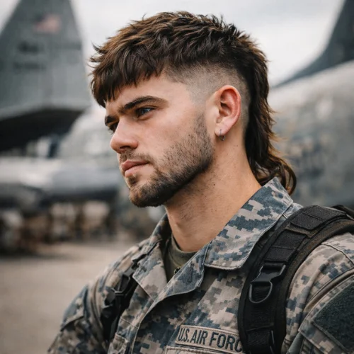 French Crop Burst Fade Mullet haircut on American Air Force man with short crop front and longer back