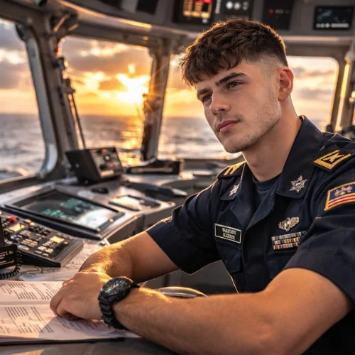 Navy sailor with French crop low taper textured fringe haircut on ship