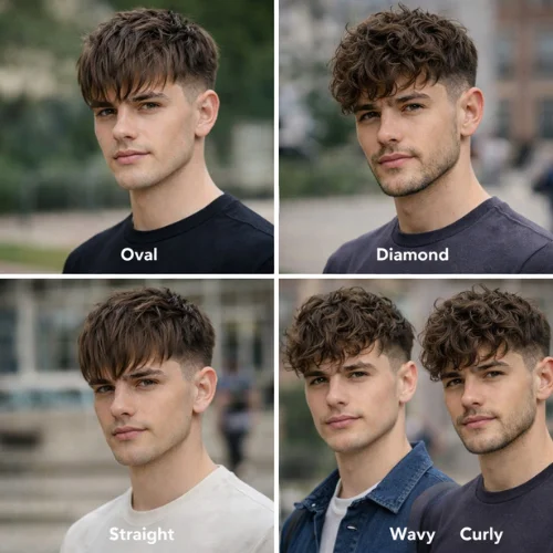 long textured French crop haircut on men with different face shapes and hair types showing oval and diamond face examples with straight wavy and curly hair
