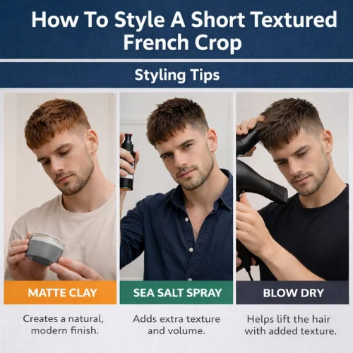 how to style short textured french crop hairstyle for men using matte clay sea salt spray and blow dry