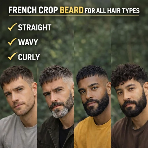French crop with beard hairstyle for men showing straight wavy and curly hair types