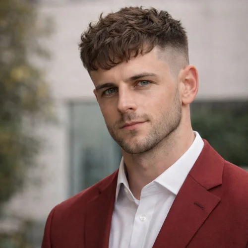 wavy French crop haircut for heart-shaped face men natural texture beard red two piece suit modern hairstyle
