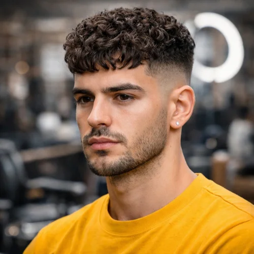 french crop haircut for curly hair with fade sides and textured curls on top stylish men hairstyle
