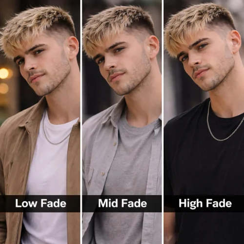 french crop blonde haircut with low mid and high fade variations clean stylish mens hairstyle usa