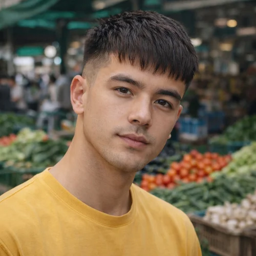 French crop haircut for straight hair with textured fringe and low fade on a man at an outdoor market