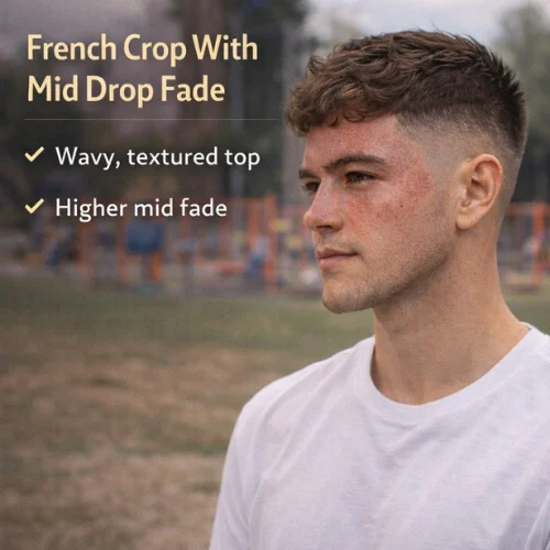 french crop with mid drop fade haircut for men textured top with mid drop fade hairstyle on young boy in playground showing modern mens haircut style