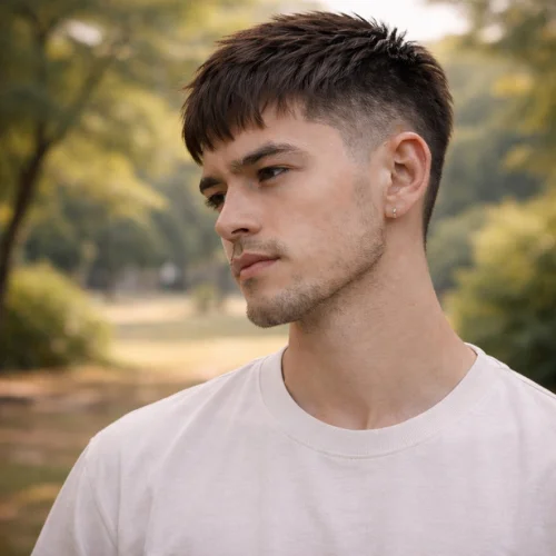 textured french crop haircut with low fade and natural fringe modern mens hairstyle shown outdoors