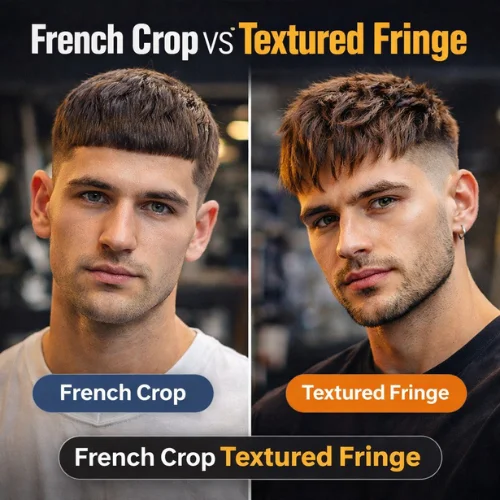 French crop vs textured fringe haircut comparison showing structured crop and layered fringe hairstyle