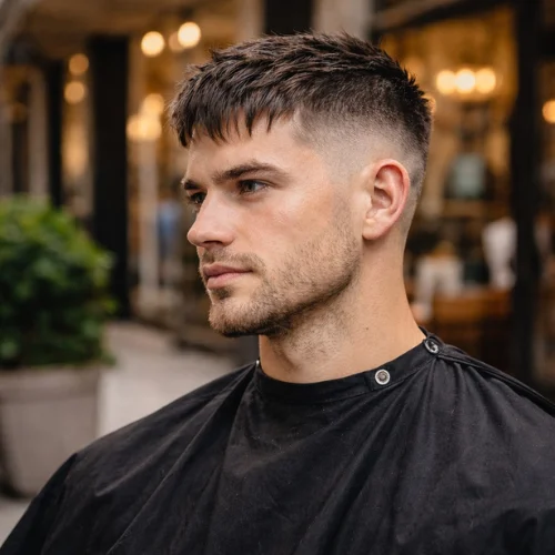 Buzz cut textured French crop low fade haircut on stylish man
