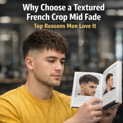 textured french crop mid fade mens haircut with textured top and clean fade man holding hairstyle book in barbershop