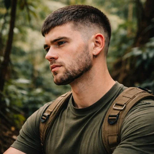 Buzz Cut French Crop Burst Fade haircut on young boy with very short top and clean burst fade in jungle