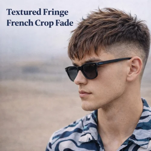 textured fringe french crop fade mens haircut with longer fringe and clean faded sides