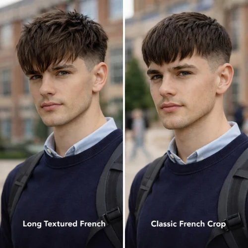 long textured French crop vs classic French crop haircut comparison on a university student showing layered textured top and structured fringe styles