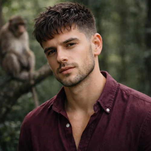 man with messy short textured french crop haircut wearing maroon shirt standing in forest