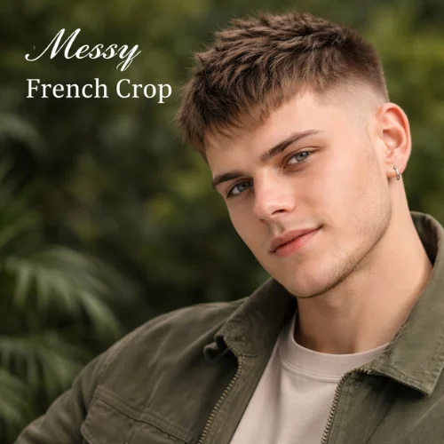 messy french crop haircut round face men casual modern textured style